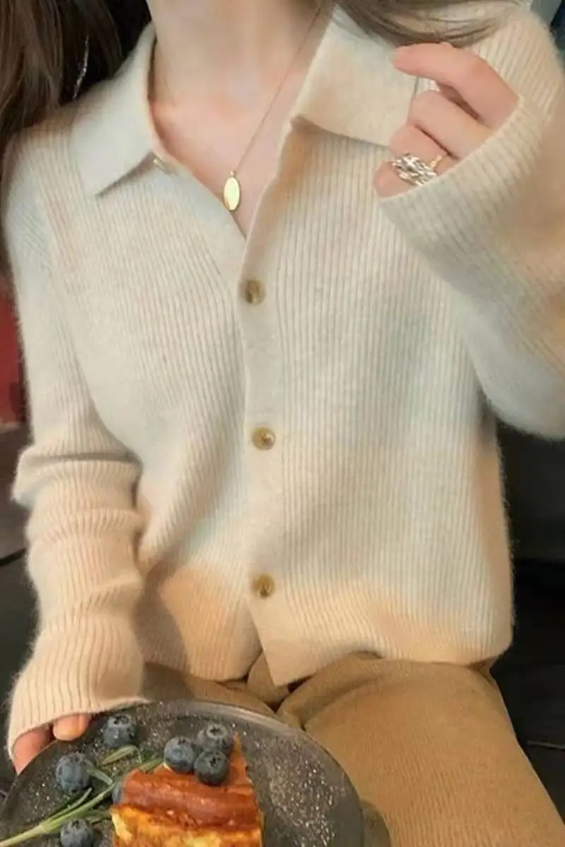 Yoyoselect 100% Merino Wool Women's Polo Neck Cardigan Solid Color Elegant Coat Autumn Winte Cozy Warm Buttoned Design Sweater
