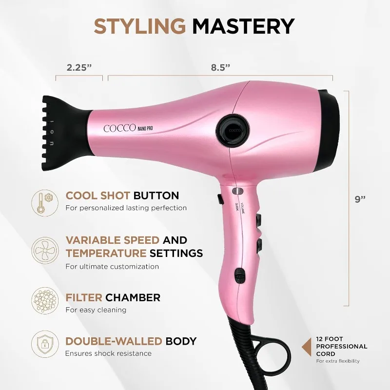 Cocco Nano Pro Hair Dryer, Ultra Lightweight, Ionic Intel System, Ceramic Spheres Technology, Professional Performance, Pink
