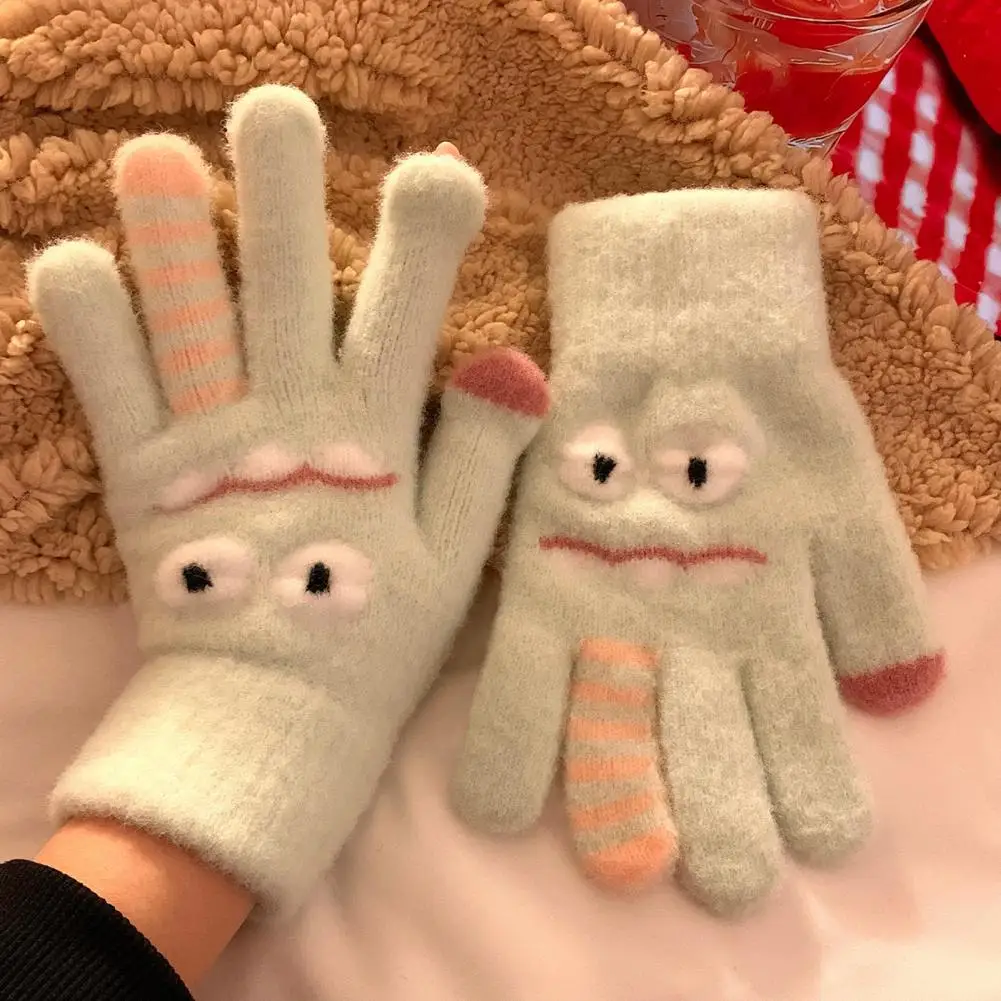 

1 пара вязаных перчаток, утолщенные зимние перчатки с пятью пальцами, милые теплые перчатки с большим ртом и сенсорным экраном, студенческие варежки