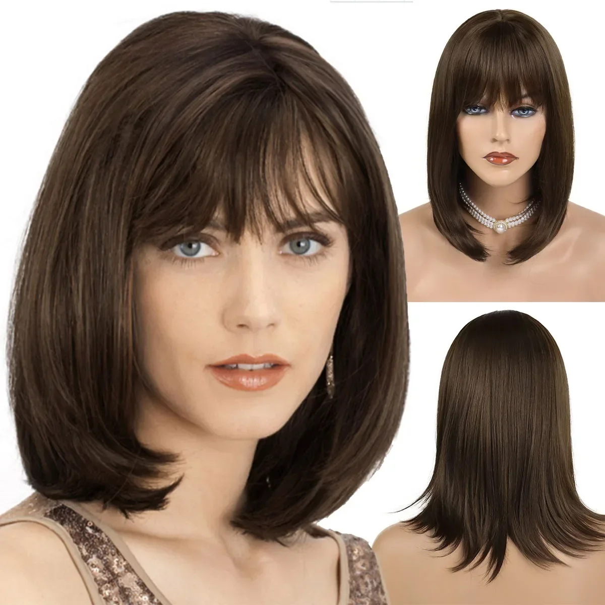 

GNINEGIL Short Straight Synthetic Wigs Brown Bob Wigs with Bangs for Women Cosplay Daily Natural Hair Wig Heat Resistant Fiber