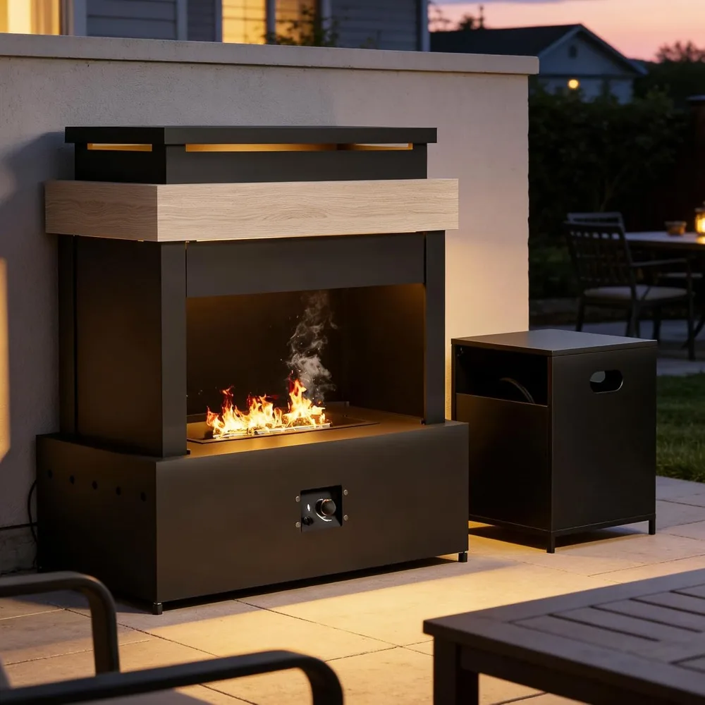 Outdoor Propane Fire Pit 50000 BTU Tank Storage CSA Smokeless Ceramic Logs Adjustable Flame Weather Resistant Cover Patio Deck