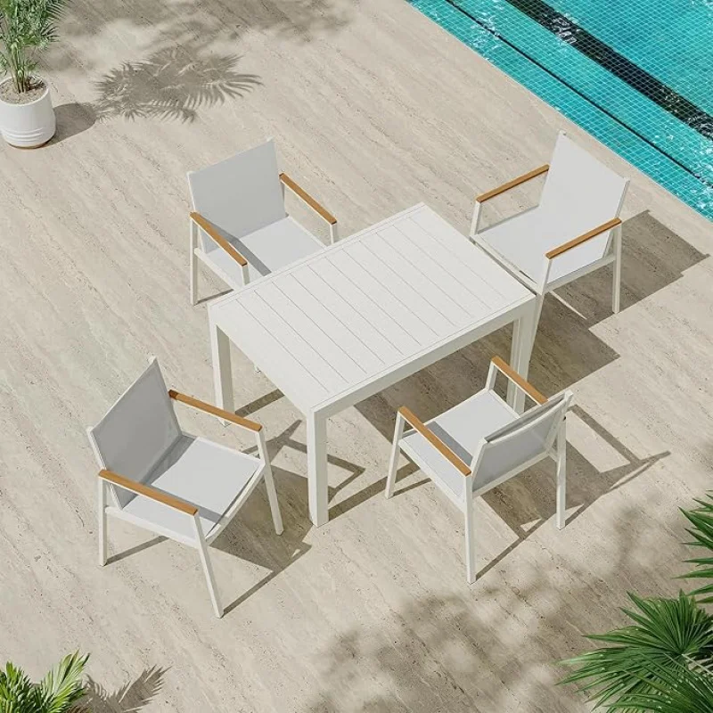 

4-Person Patio Dining Set, Expandable Outdoor Table & 4 Chairs, Fabric & HDPS Armrest, All-Weather White Furniture