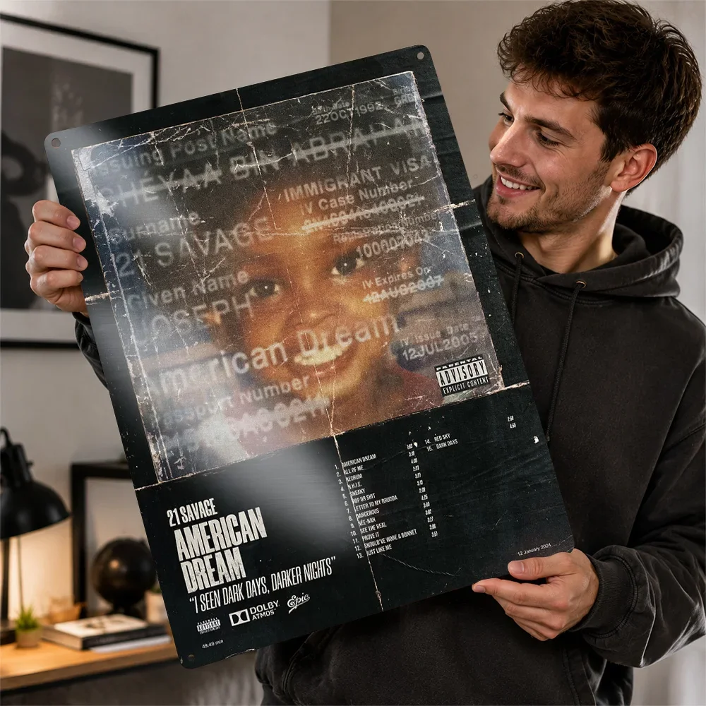 21 Savage American Dream Album Cover Textured Poster Personalized Metal Tin Sign Striking Lyrical Legend Wall Art For Rap Fans