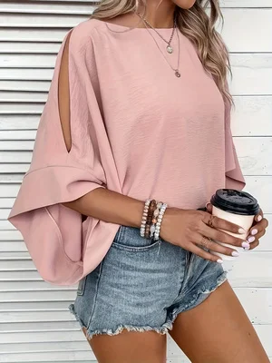 Summer New Casual Solid Color Batwing Sleeve Shirt Loose Fit Comfortable Fashion Top for Women
