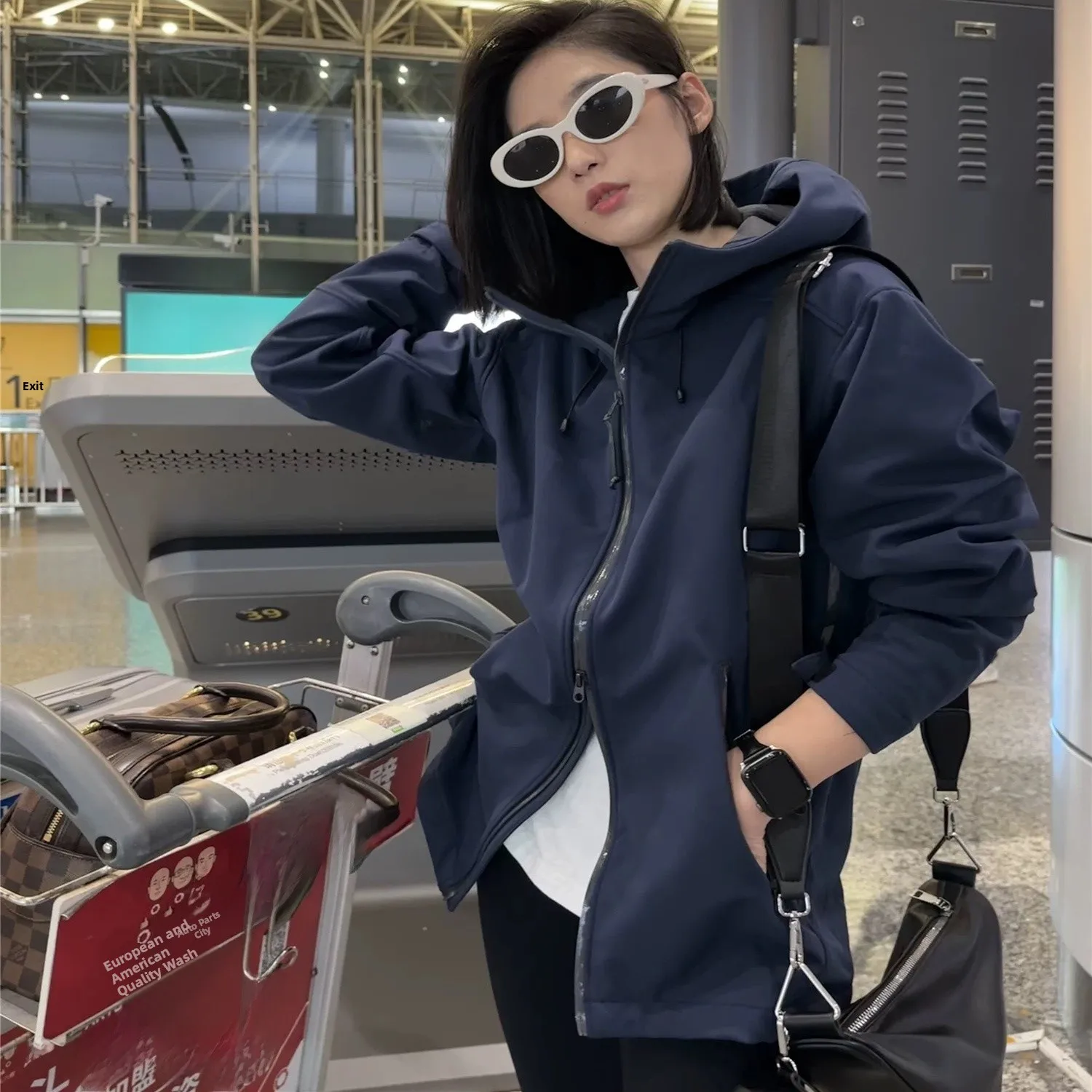 

ex Outdoor Fce Lined Soft ell Jaet Hooded Coat High Quali Faionable Urban Sle Long Sve Modern Windbreaker