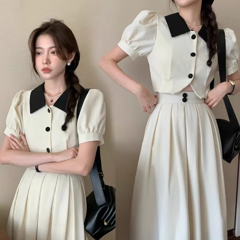 

Chic Style Dress Set for Women Puff Sleeve Blouse Top Spring Autumn Pleated Skirt French Noble Two-Piece Set High Quality Trendy