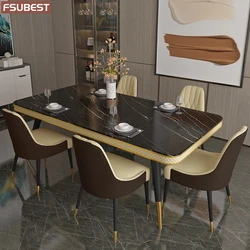 Designer Luxury Dinning Room Rock Slab Dining Table Set 6 Chairs Mesa De Jantar Comedor Posta Furniture Carbon Steel Base