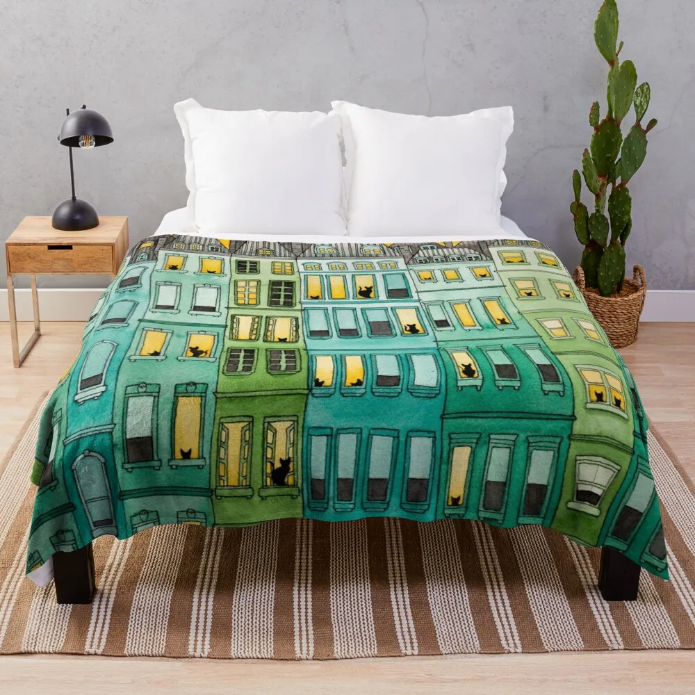 

Cats in Green Townhouses Throw Blanket Heavy Bed linens Summer Blankets