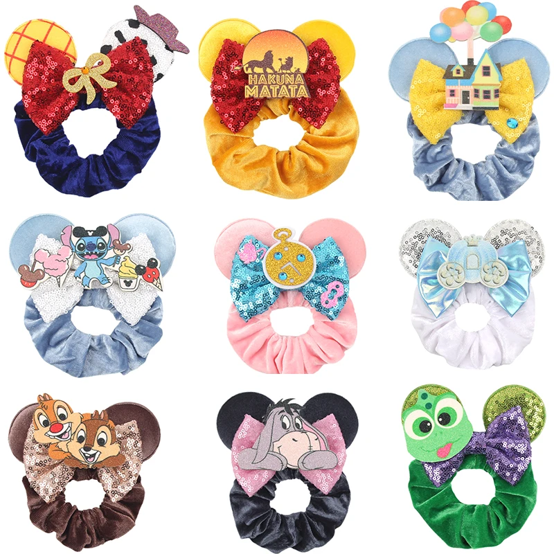 

10Pcs/Lot Disney Mouse Oren Fluweel Scrunchies Haarband Vrouwen Elastische Paardenstaart Houder Meisjes Pailletten Strik