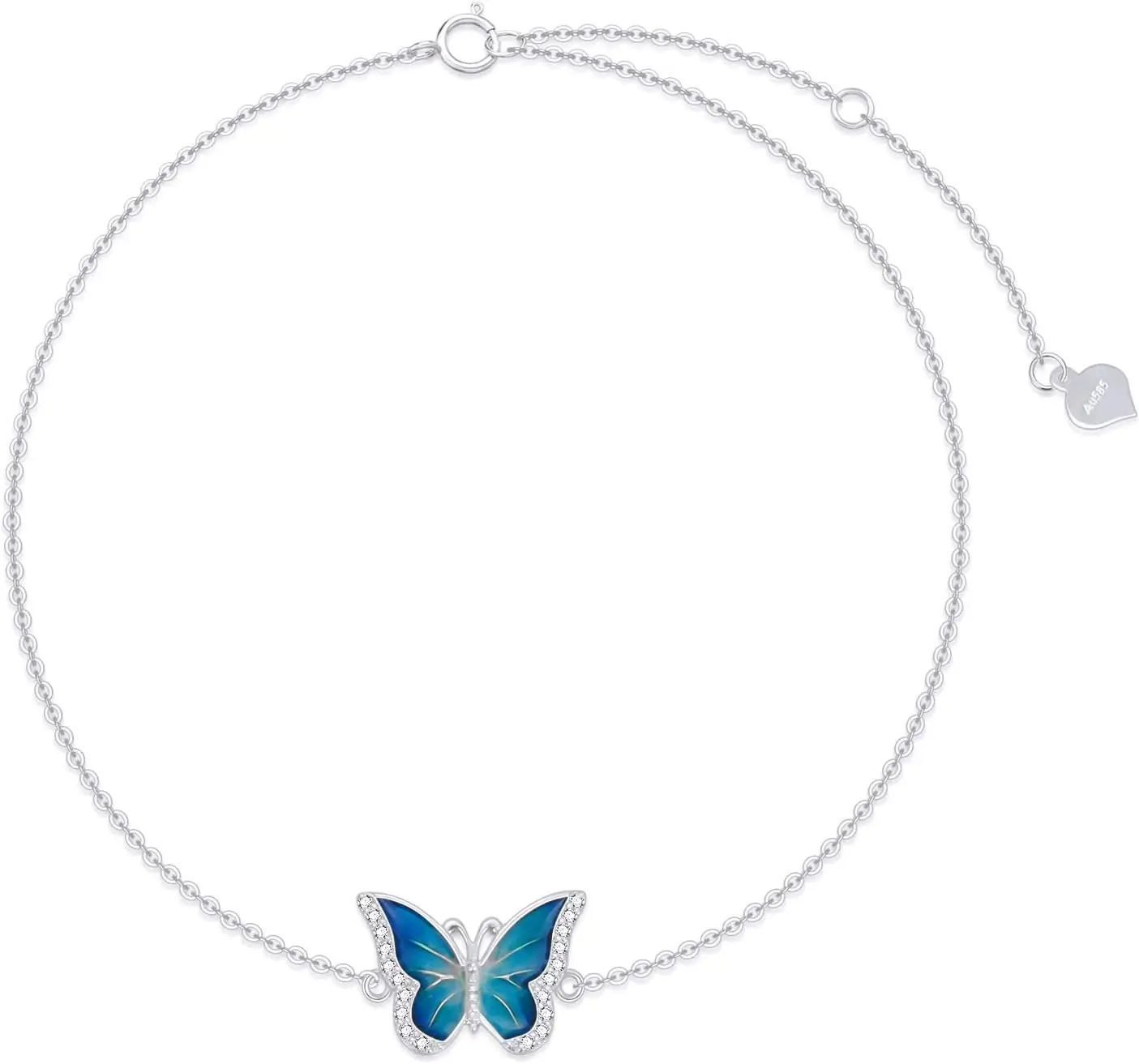 

10k White Gold Diamond Blue Butterfly Anklet for Women, 10 Carat Gold Ankle Bracelet Jewelry Gifts for Her (0.12 ct, 9.4-11 Inch)