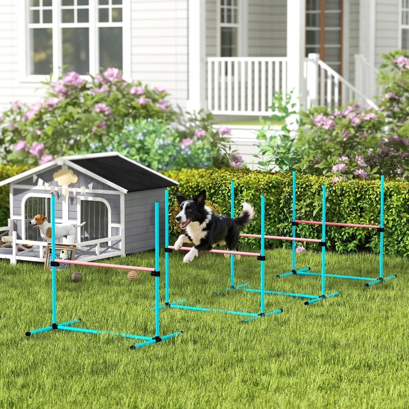 Ensemble d'agilité pour chien réglable 4 pièces avec obstacles, sac de transport, 99 x 65 x 94 cm, bleu clair, équipement d'entraînement robuste pour chiots et grandes races