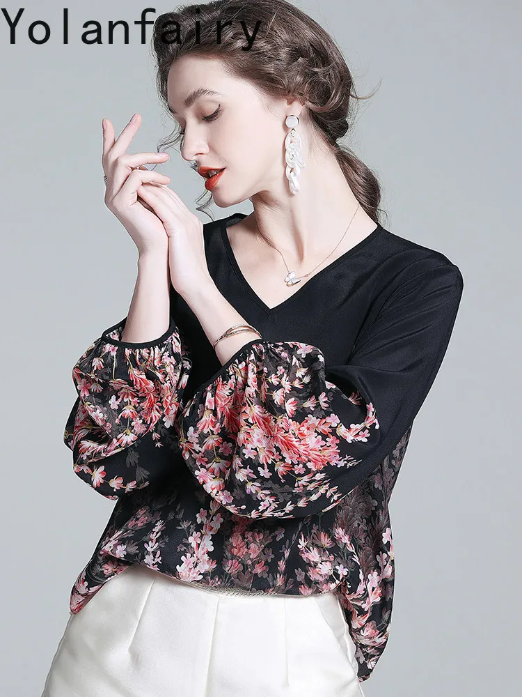 YOLANFAIRY Luxury 100% Natural Mulberry Silk T Shirts Woman 2026 Spring Vintage Floral Blouse Womens Tops Elegant Shirt Camisas