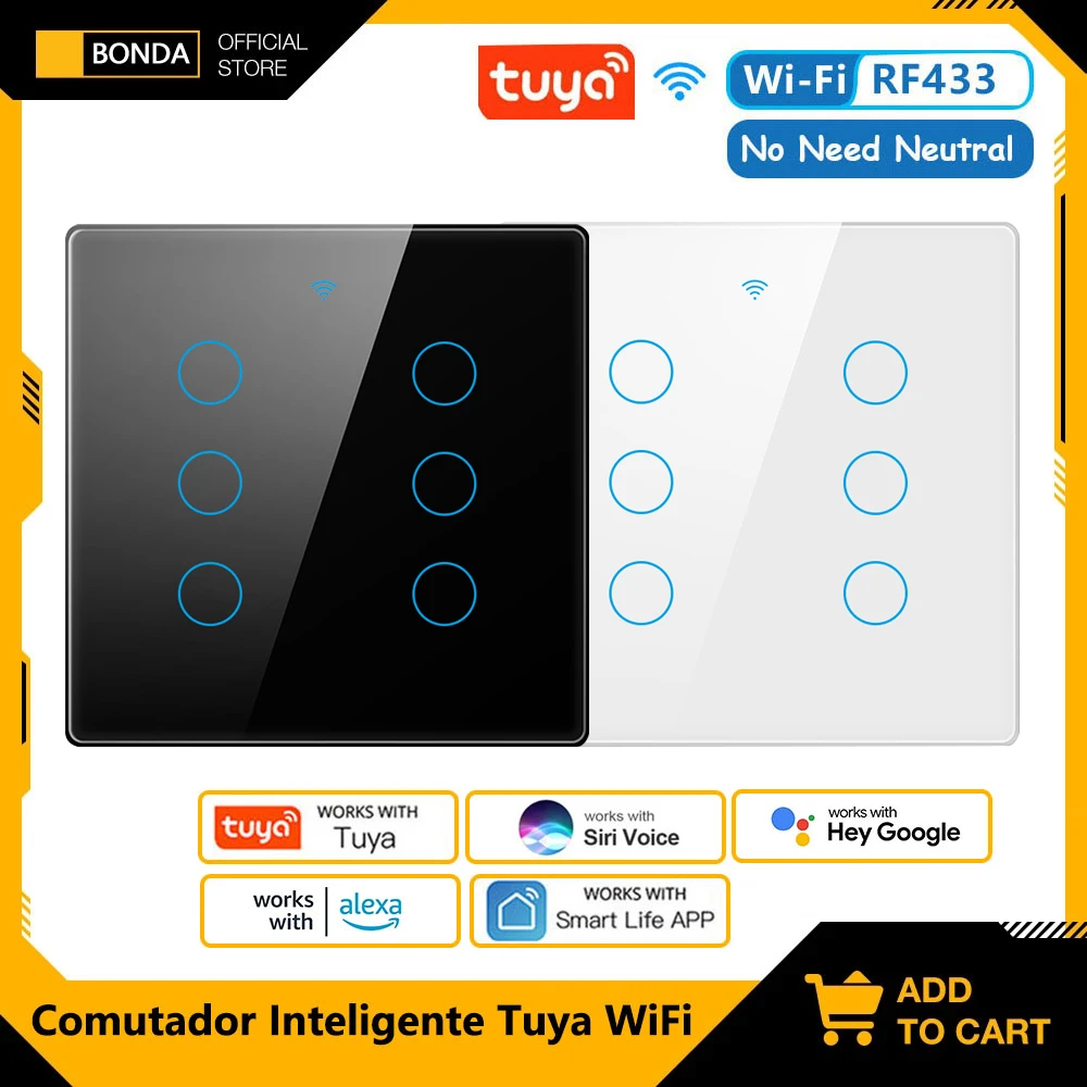 Tuya WiFi Smart Switch Brazil 4*4 No Neutral Wire Touch 4/6 Gang Light Switch RF433 Remote Control Work with Alexa Google Home