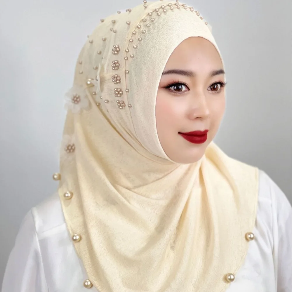 Fashion Top Knot Ramadan Hijab Breathable Solid Color Islamic Headscarf One-Piece Pull On Head Wrap Cap