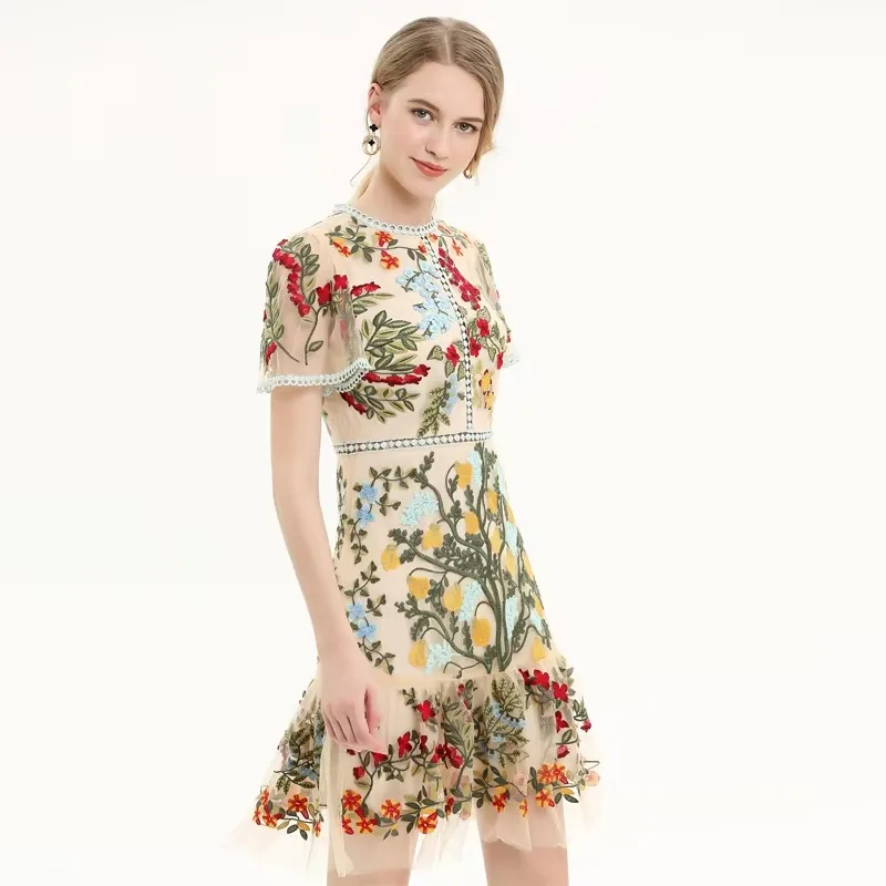 

Runway High Quality Fashion Summer New Women's Party Casual Elegant Embroidery Print Short Sleeve Unique Chic Vintage Mini Dress