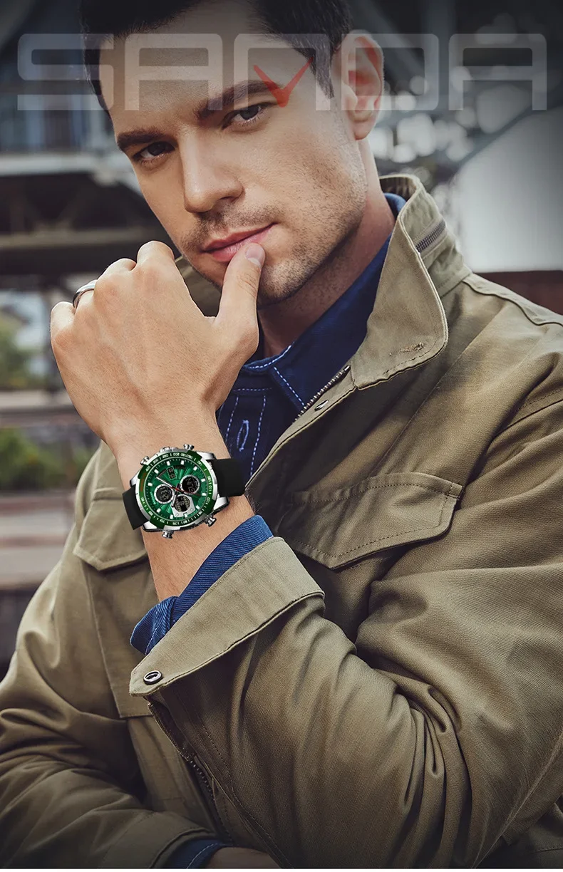 SANDA SD5105 Luxus Dual Display Herrenuhren G-Stil Sport Chronograph Alarm ​ 50 m wasserdichte Quarz-Armbanduhr aus Silikon