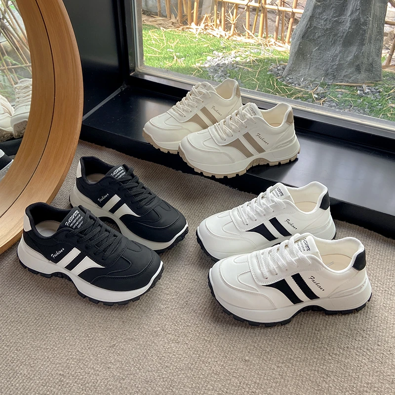 New Foreign Trade Sports Shoes for Women,2026Autumn Thick Soled Striped Casual Shoes,Round Toe Retro Height Increasing Dad Shoes