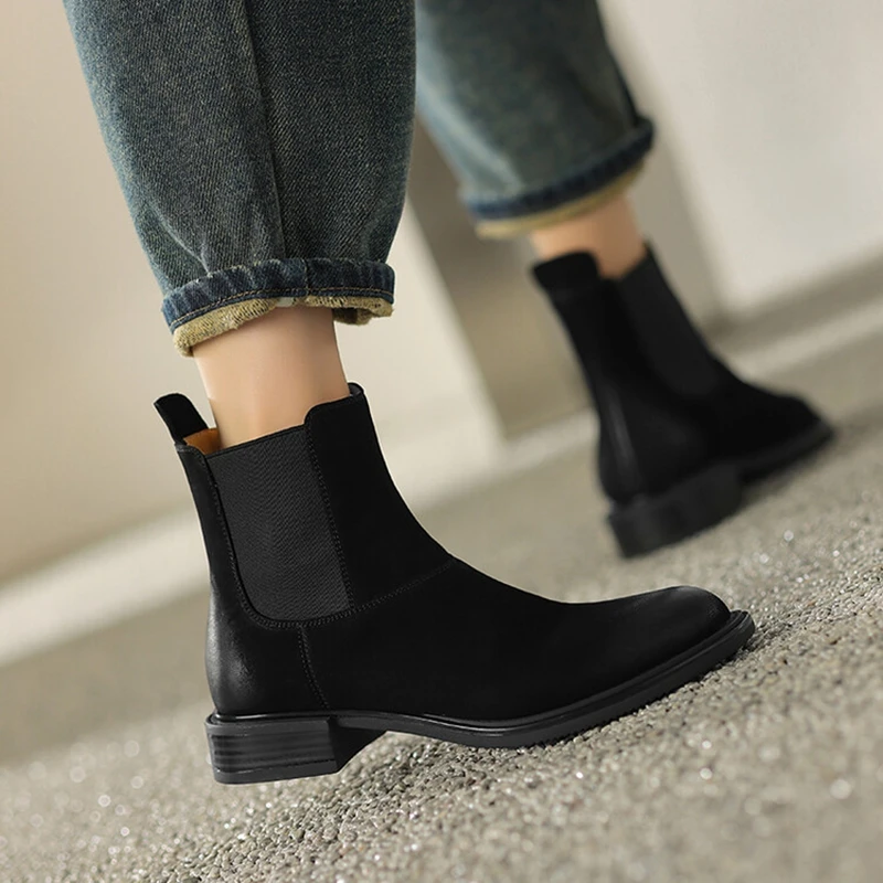 NEW Autumn/Winter Women Boots Round Toe Low Heel Chelsea Boots Genuine Leather Shoes for Women Retro Ankle Boots botas de mujer