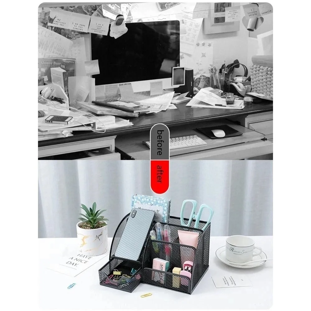 Creative Multi Grid Pen Holder Multi-functional Metal Mesh Desktop Office Organizer Thickened 1 Drawer Sundries Storage Box