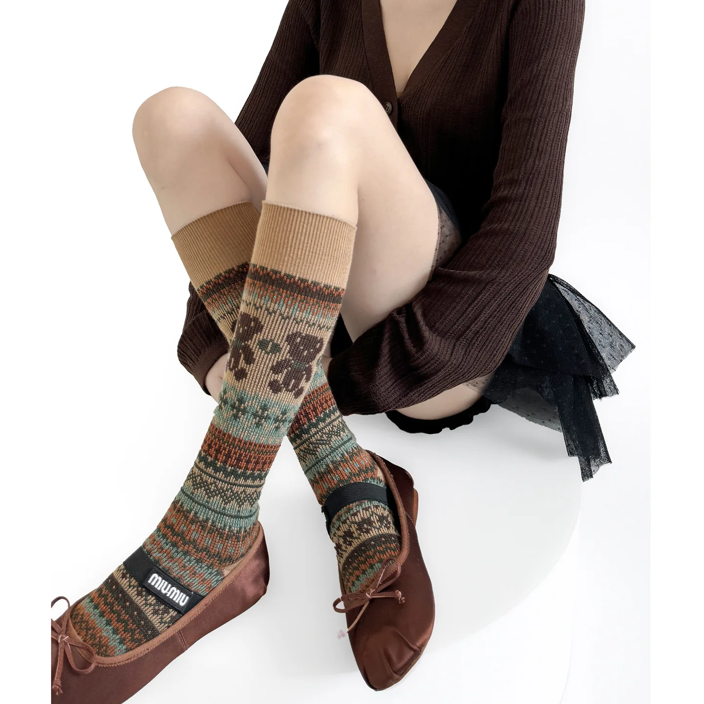 خمر الدب نمط إبرة مزدوجة Kitted النساء الركبة عالية جوارب قطنية الخريف الشتاء منتصف العجل تنوعا ريترو شيك نمط الشارع