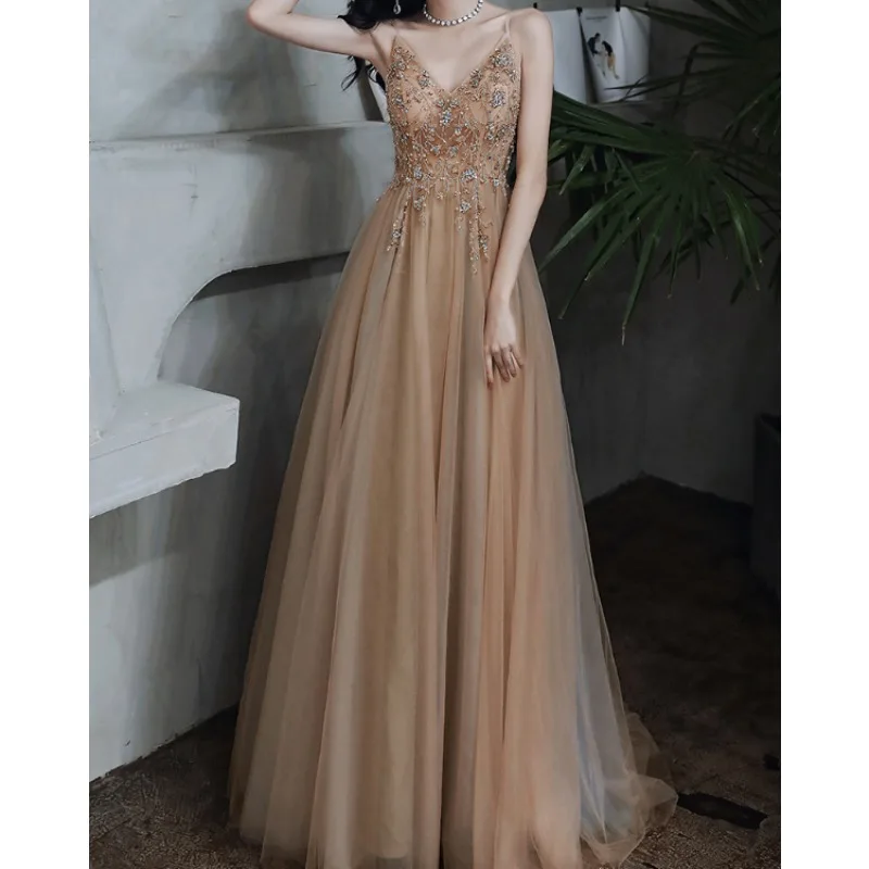 Luxury Champagne Prom Dress For Women 2025 Annual Party Birthday Party Immortal Long Temperament Banquet Evening Dress