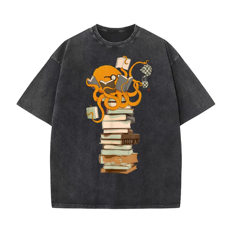 

Reading Octopus Tea Coffee and Books Gift Pure Cotton T-shirt For Man Oversized Art Graphic Clothing Printed