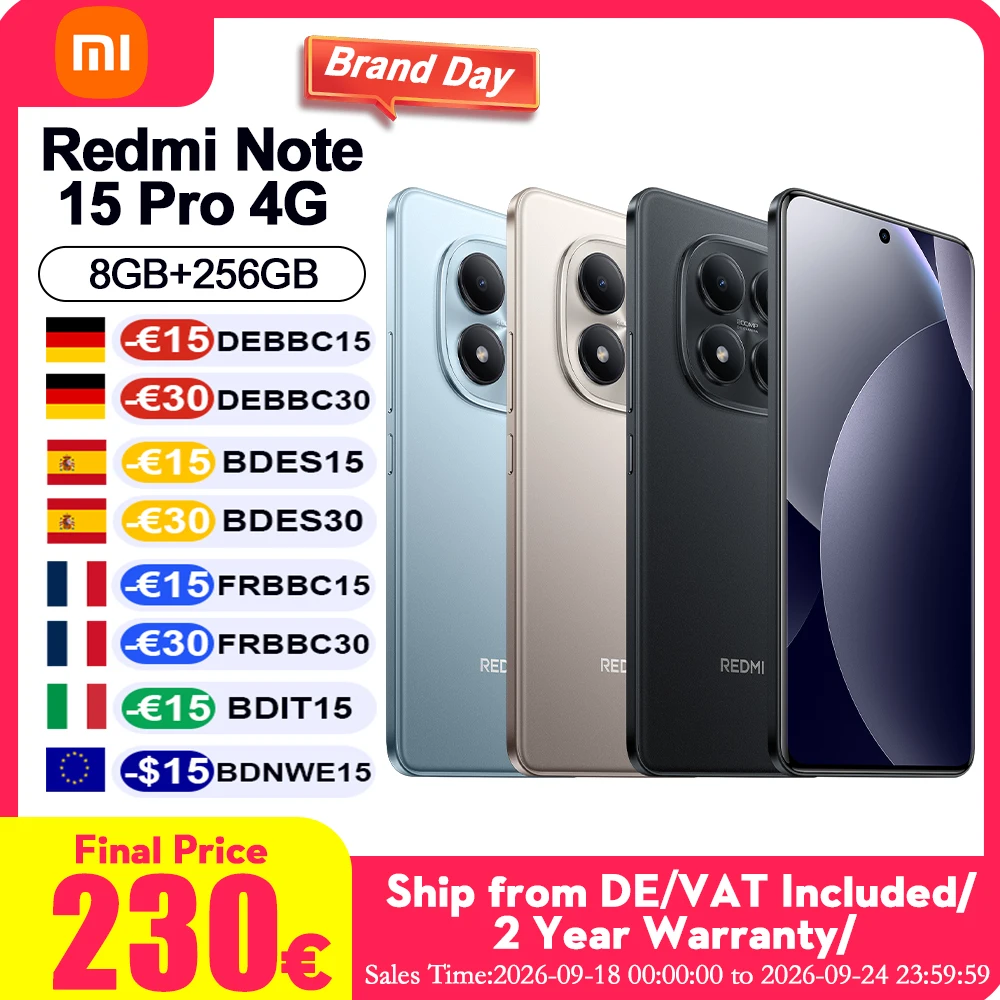 Globale versie Redmi Note 15 Pro 4G, krachtige 6500mAh batterij, 200MP camera met uitzonderlijke helderheid, 18W omgekeerd opladen, IP65 stof- en waterbestendigheid