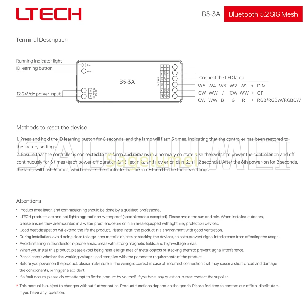 

DC12-24V 5Channel Bluetooth B5-3A DIM/CCT/RGB/RGBW/RGBCW LED Controller LTECH LED Constant 5.2 SIG Mesh 15A Dimming APP Alexa