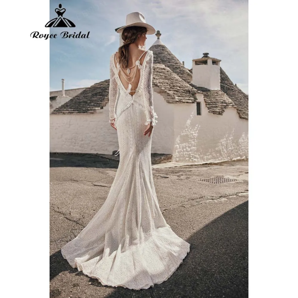 Roycebridal แขนยาว Boho ชุดเดรสเมอร์เมด 2026 สไตล์ลึก V-Back ลูกไม้เจ้าสาวชุด Vestidos De Novia ที่กําหนดเอง