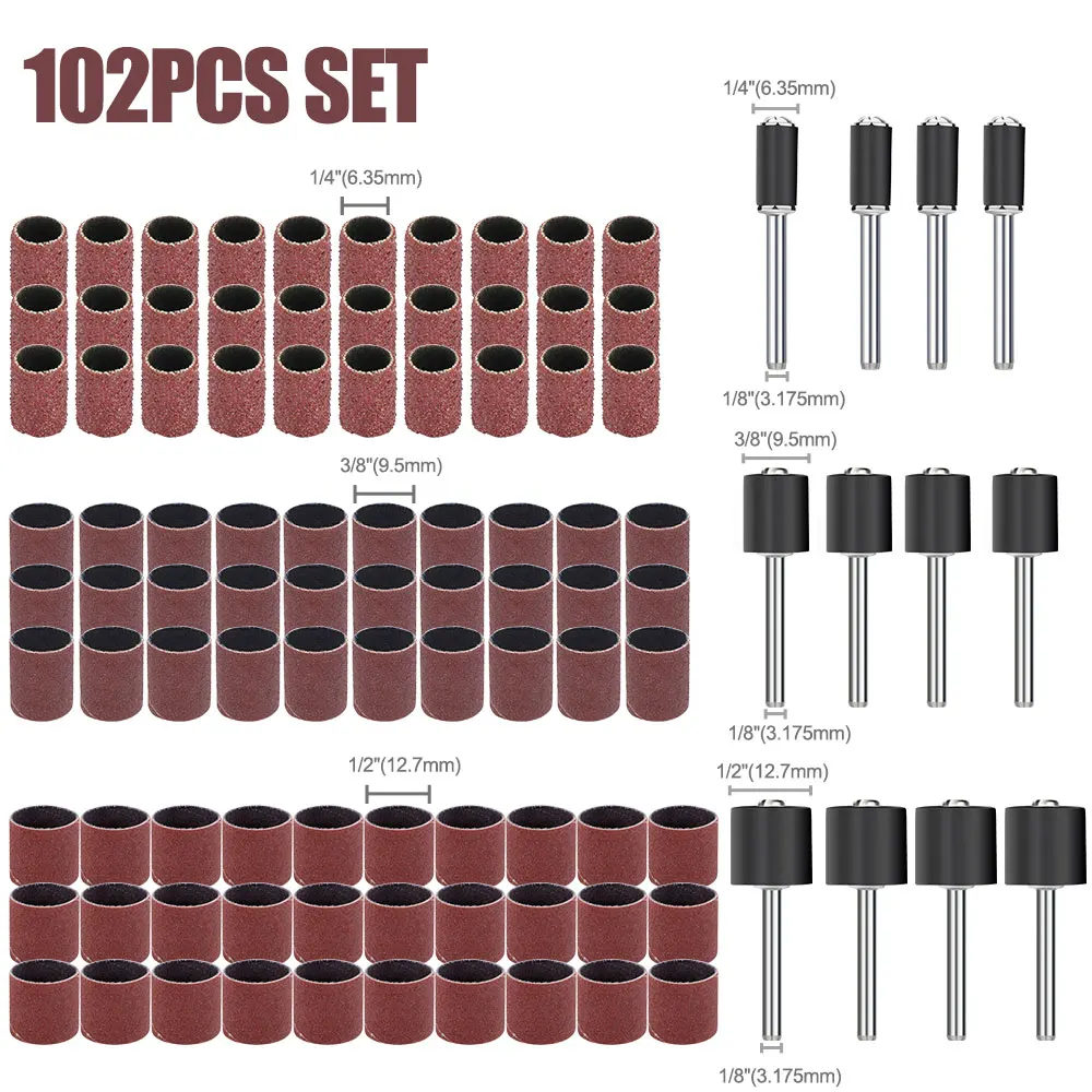 102pcs Sanding Drums Kit 80 Grit Sanding Band 1/2 3/8 1/4 Inch Mandrels For Dremel Accessories For Electric Mini Angle Grinder