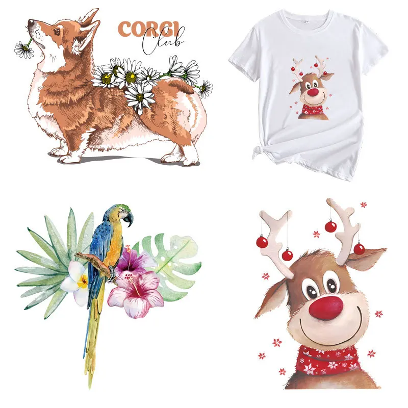 Cute corgi Puppy DTF Heat Transfer Christmas Elk Parakeet Iron On Sticker DIY for Clothes Canvas Bag Decoration ironing sticker