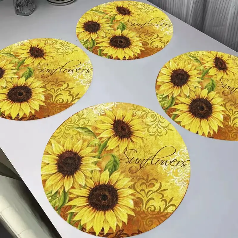 VIKAMA Colorful Flower Ring Round Linen Placemats Heat Resistant Wear-Resistant Washable for Dining Table Kitchen Decor