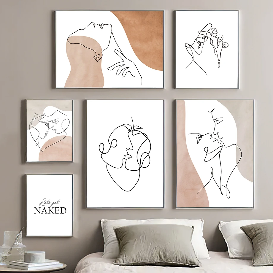Love Heart Hands Line Girl Boy Abstract Nordic Posters And Prints Wall Art Canvas Painting Pictures For Living Room Decoration