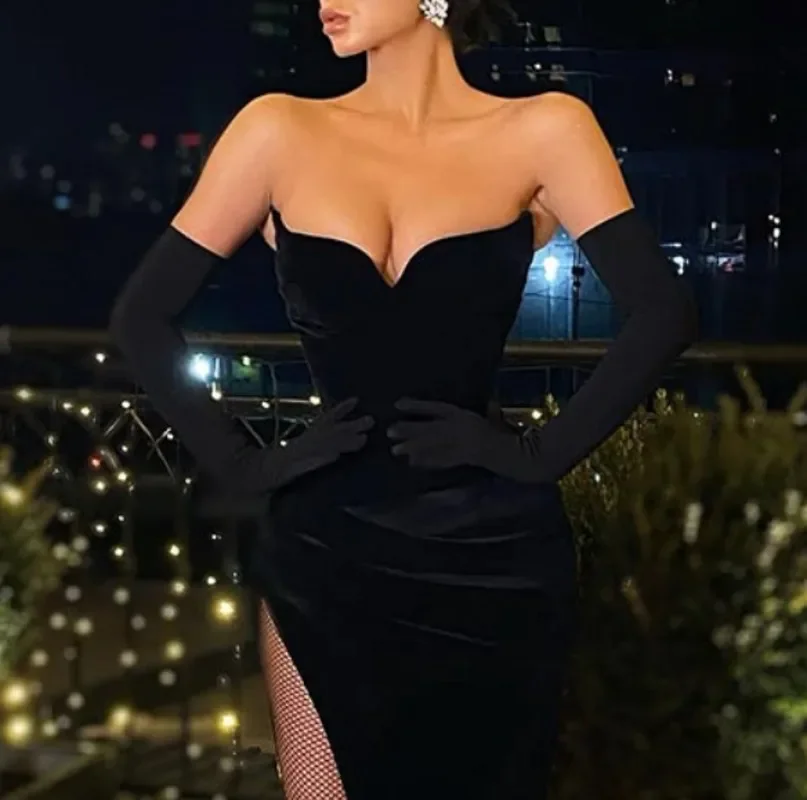 Zwart Fluwelen Sweetheart Avond Formele Jurk 2025, Sexy Strapless Side Split Prom Partij Jassen Vestidos Fiesta Robe De Soiree