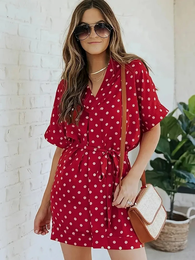 

Mugen Plus Size Dress Polka Dot Print Belted Dress 2024 Women's Clothing Summer Short Sleeves V-Neck Dress Elegant Loose Dresses