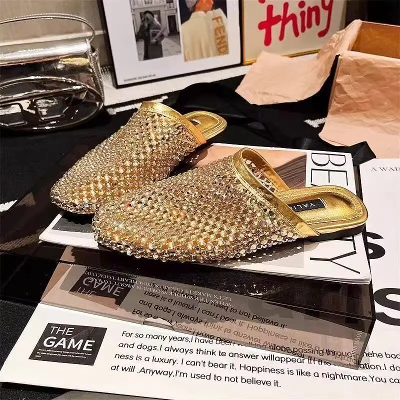 Women Slippers Summer 2026 New Luxury Brand Slippers Lightweight Round Head Shoes Water Diamond Large Flat Sandals Slides Women