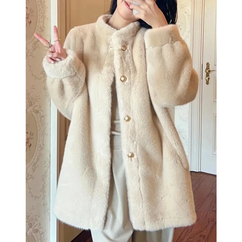 Sweet Luxury Autumn Winter Fur Coat Mink Coat Warm Thick Faux Fur Jacket Stand Collar Single-breasted Women Winter Clothes Trend