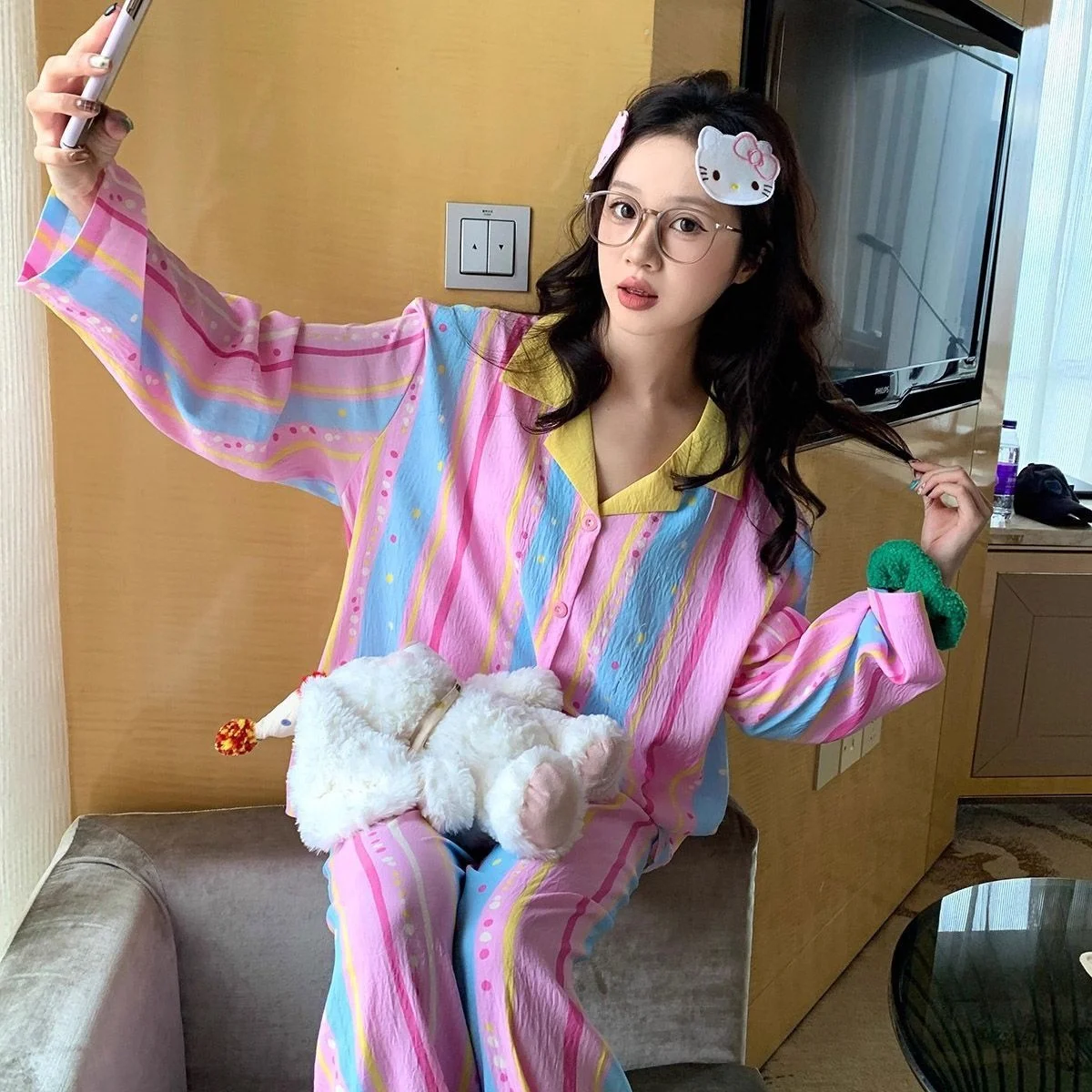 

Осень 2021, Y2K Harajuku, пикантный повседневный кардиган с длинными рукавами для девочек, пижамный комплект, свободная повседневная домашняя одежда в полоску допамина, эмо