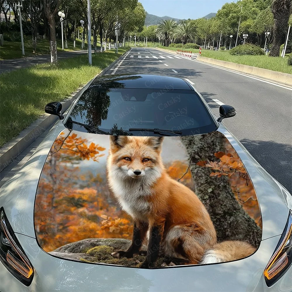 Cute Fox Branch Car Hood Sticker PVC Self Waterproof Stick, Striking Auto Exterior Accessories Decor Protect Gift for Car Lover