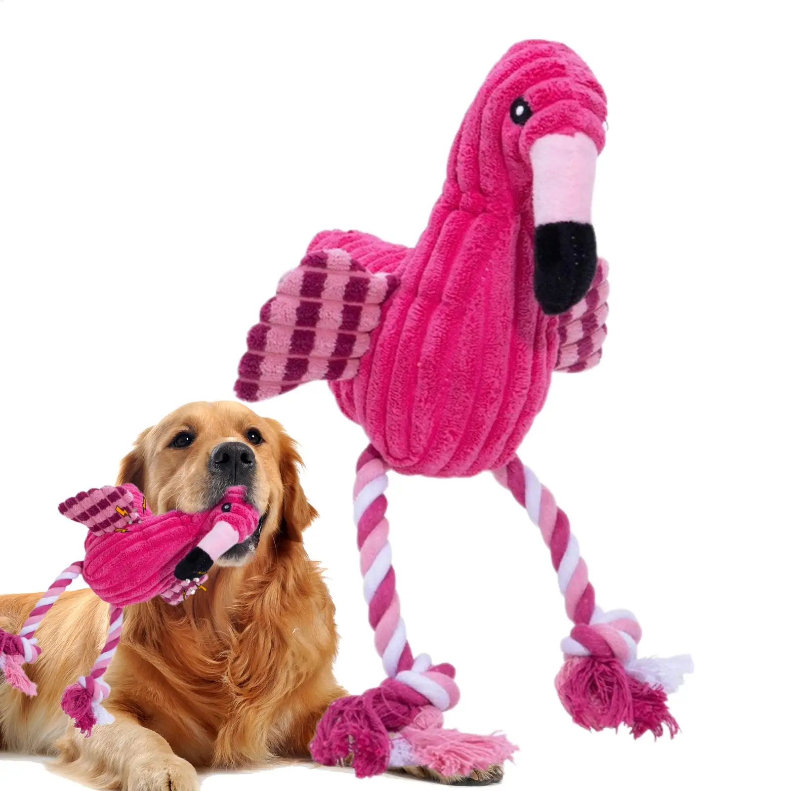 Gefülltes Flamingo-Hundespielzeug mit Seil, Interaktives Welpen-Kauspielzeug mit Quietschgeräusch, Niedliches Welpenspielzeug, Hunde-Zerrspielzeug zum Kauen und Zahnen