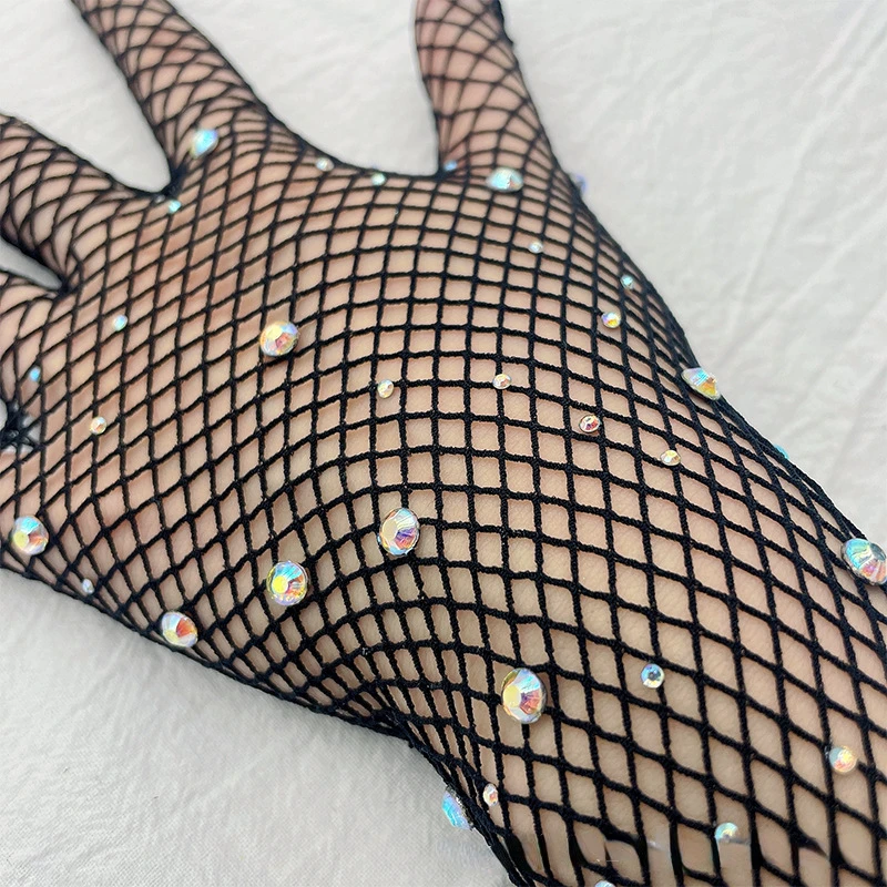 Gants longs en maille avec strass, filet de pêche ajouré pour femmes, gants de Cosplay fantaisie en résille, noir, blanc, rouge