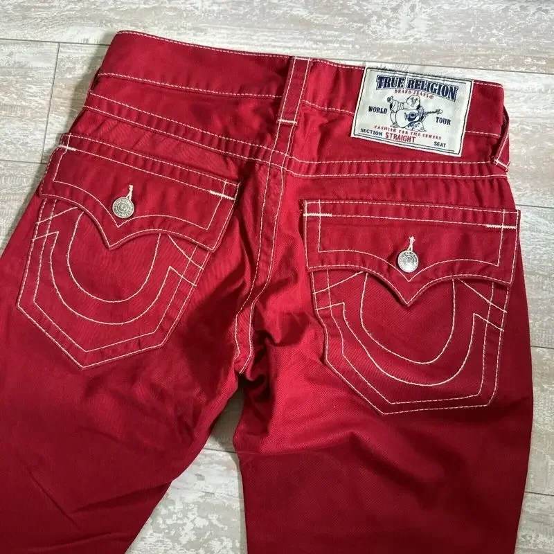 

Harajuku Y2k red vintage jeans Big Buddha red and white stitching street casual loose hip hop straight jeans men clothes
