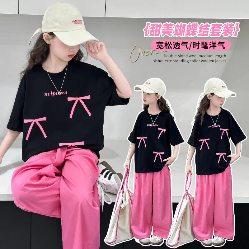 

26Summer sweet bow for girlsTT-shirt set for older children, round-neck short-sleeve top and loose-fitting casual long pants two