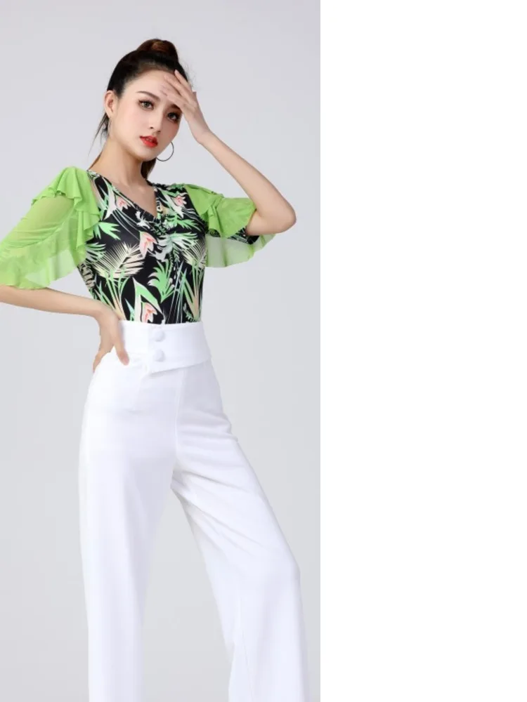 

Tie Dye Sexy Costume Women Latin Dance Ruffles Tops European Jazz Middle Sleeves Adult Line Stage Party Kpop Slim Fit Pants