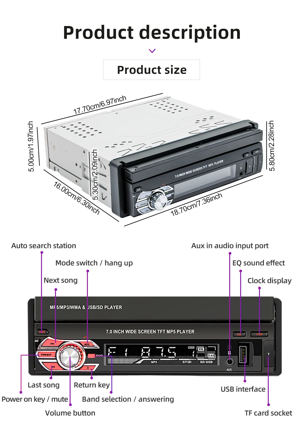 ESSGOO 7 "فليب آؤٹ واحد 1 Din راديو السيارة CarPlay أندرويد السيارات TF USB AUX SWC AM FM بلوتوث مشغل MP5 وحدة رأس شاشة تعمل باللمس