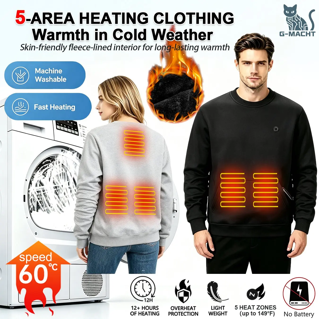 EU USB Electric 5 Area Heated Crew Neck Sweatshirt Jacket,Fleece Lined Zip Up Coat,Winter Warm Thermal Top Outdoor Hiking Skiing