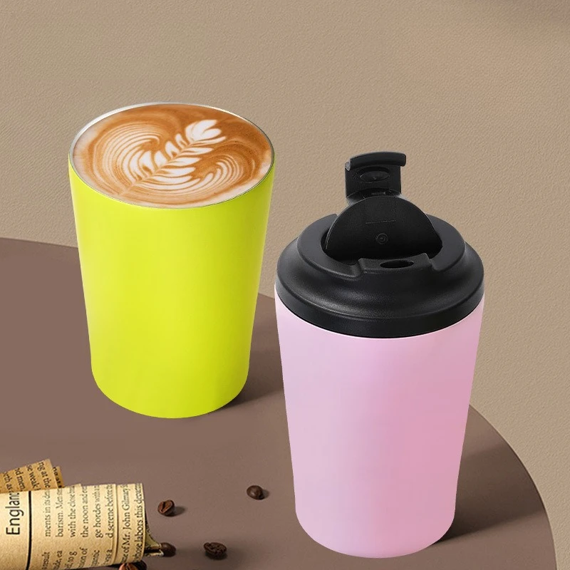 360ml Mini Portable Travel Coffee Mug, 304 Stainless Steel Double Wall Vacuum Insulated Cup with Flip Lid for Car Office