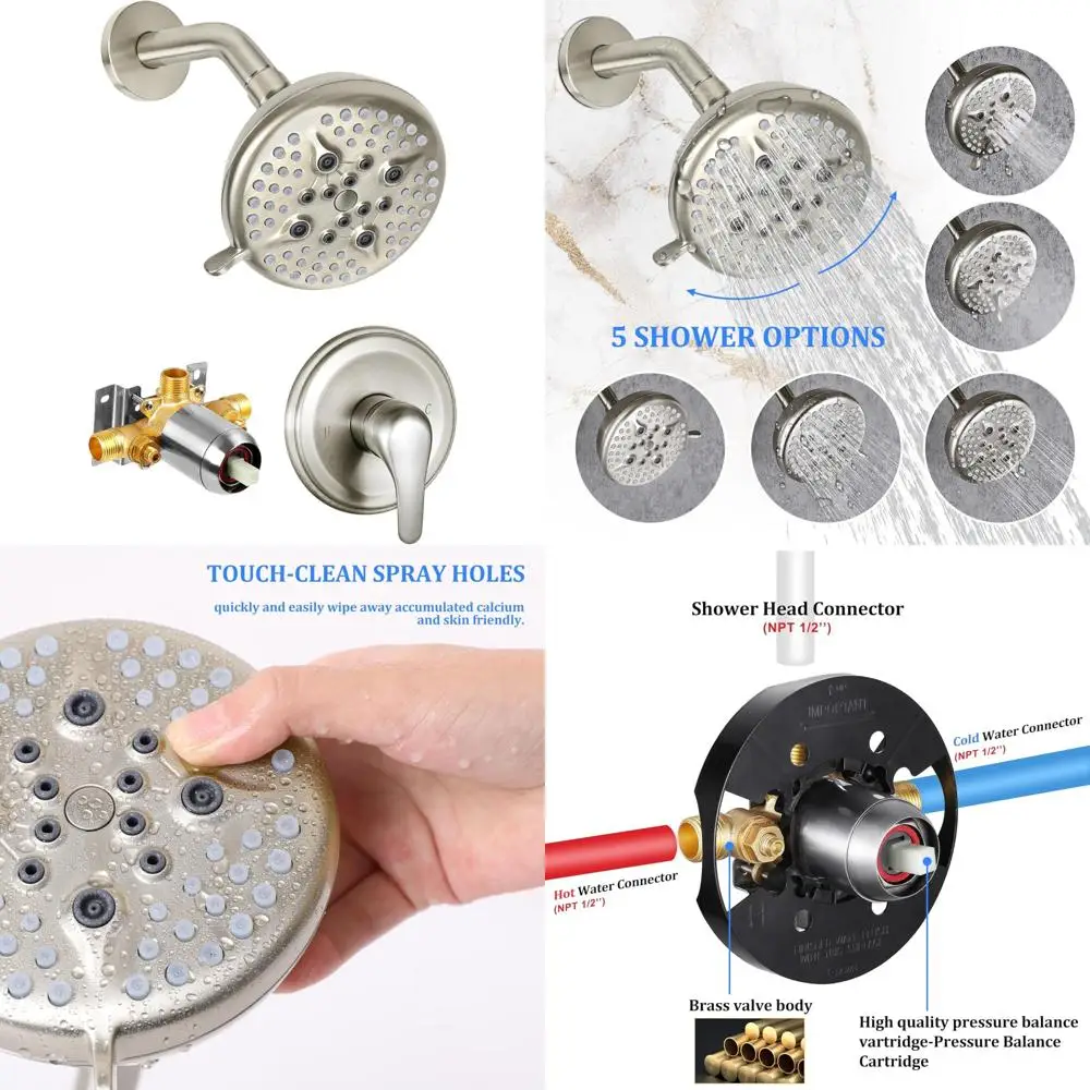 

5-Spray Rain Shower Fixture with 5-Inch Head and Handle, Brushed Nickel Shower Set Including Valve, Modern Bathroom Shower Kit