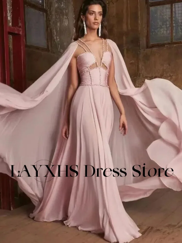 LAYXHS exquise col en v robes de soirée a-ligne dos nu plissé avec châle femmes robes de bal personnalisé فساتmaveraات
