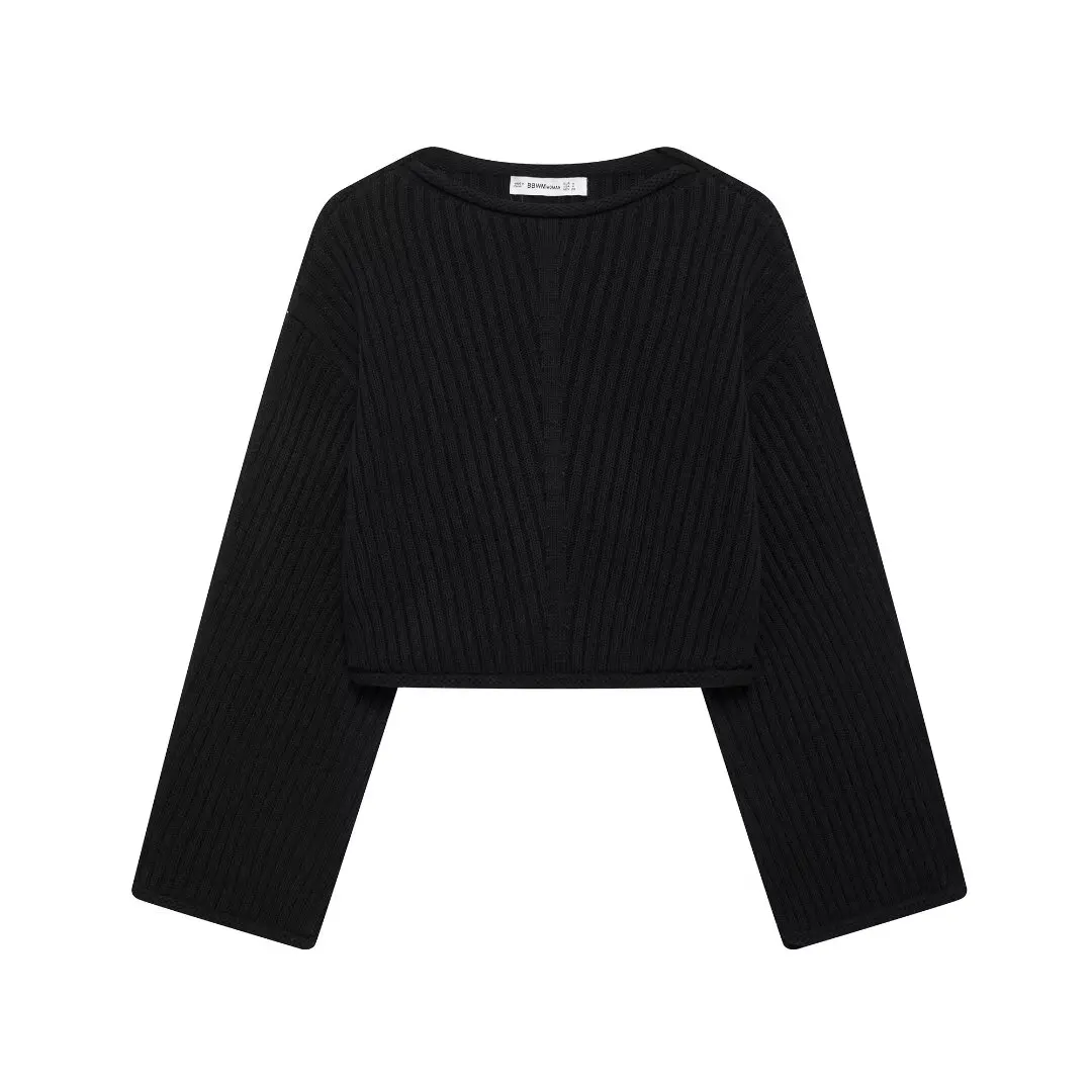 HH TRAF Women New Fashion Round Collar Long Sleeve Solid Knitted Pullover Sweater Women's Female Elegant Ribbed Short Sweater